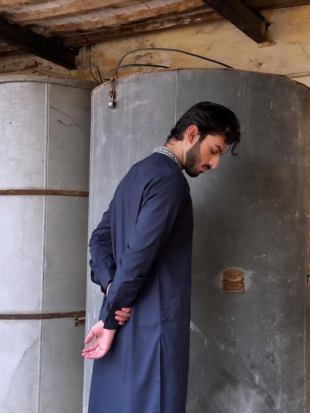 Muraqsh Ready To Wear Embroidered Cotton Men Formal Navy Blue Kurta Shalwar Collar Neck MUR-FNBKS - Summer Collection