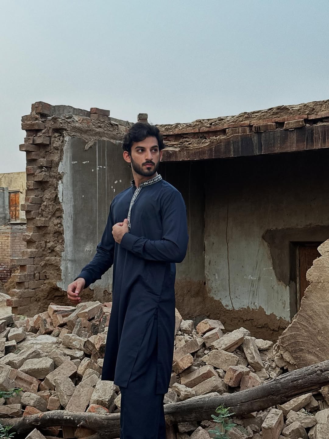 Muraqsh Ready To Wear Embroidered Cotton Men Formal Navy Blue Kurta Shalwar Collar Neck MUR-FNBKS - Summer Collection