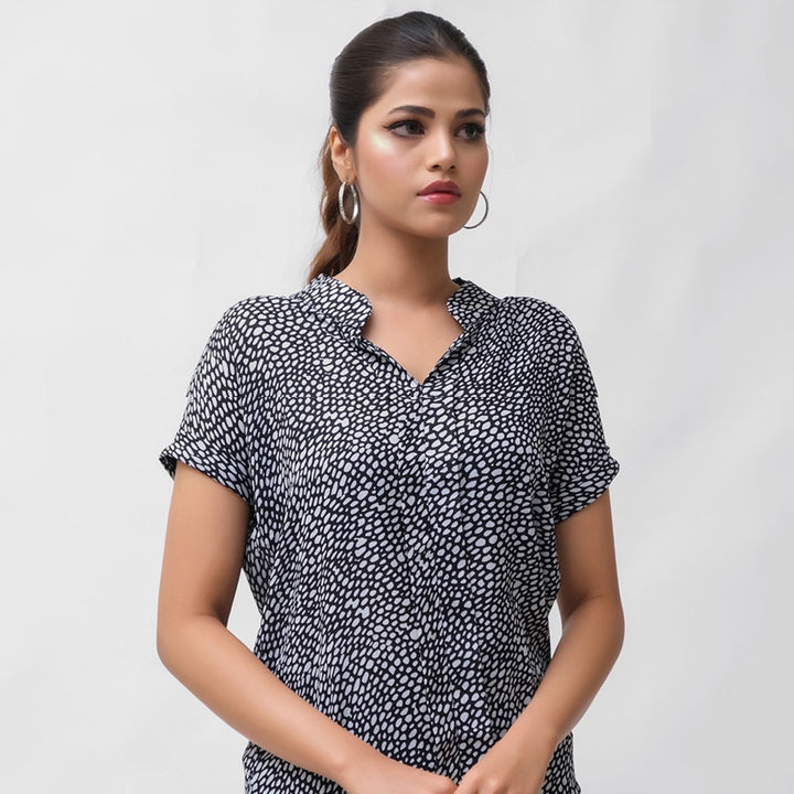 Dhaga Women Western Solids T- Shirt jersy White Polka Notched Neck Bishop Sleeve Blouse DS100020 - Summer Collection