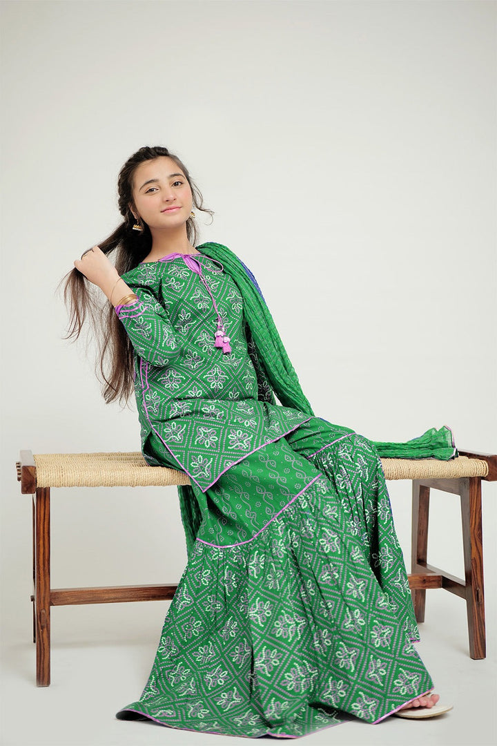 Senorita Girls Ready to Wear Girls Green and Golden Casual 3 Piece Suit Cotton Cambric Printed GAD-02655 - Summer Collection