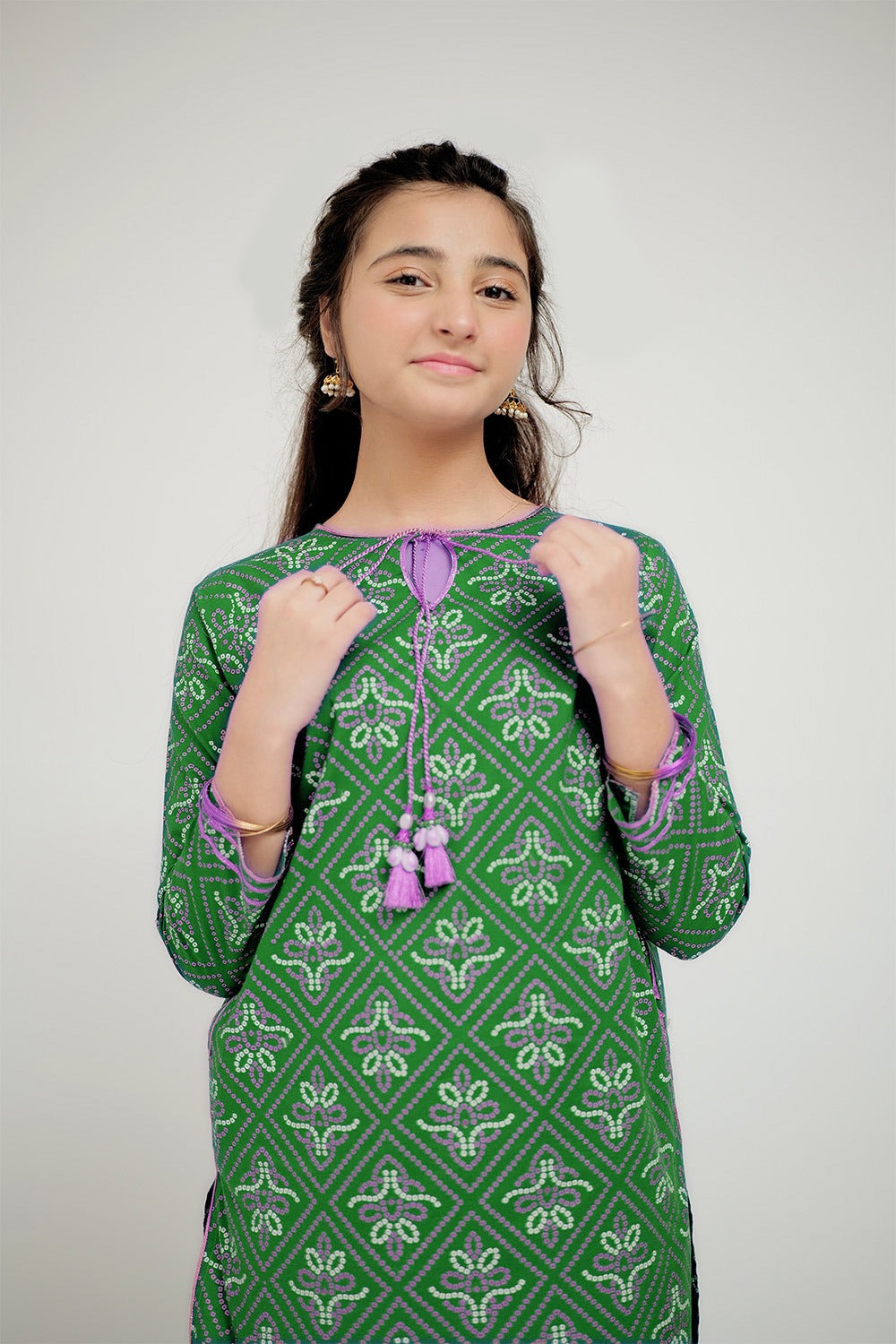 Senorita Girls Ready to Wear Girls Green and Golden Casual 3 Piece Suit Cotton Cambric Printed GAD-02655 - Summer Collection