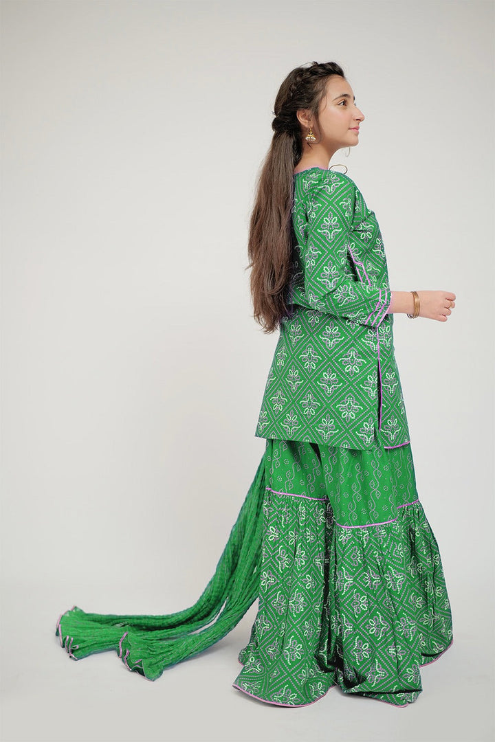 Senorita Girls Ready to Wear Girls Green and Golden Casual 3 Piece Suit Cotton Cambric Printed GAD-02655 - Summer Collection