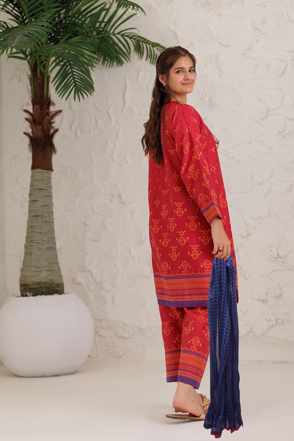Senorita Girls Ready to Wear Girls Red and Multicolor Casual 3 Piece Suit Cotton Jacquard Solids GAD-03061 - Summer Collection
