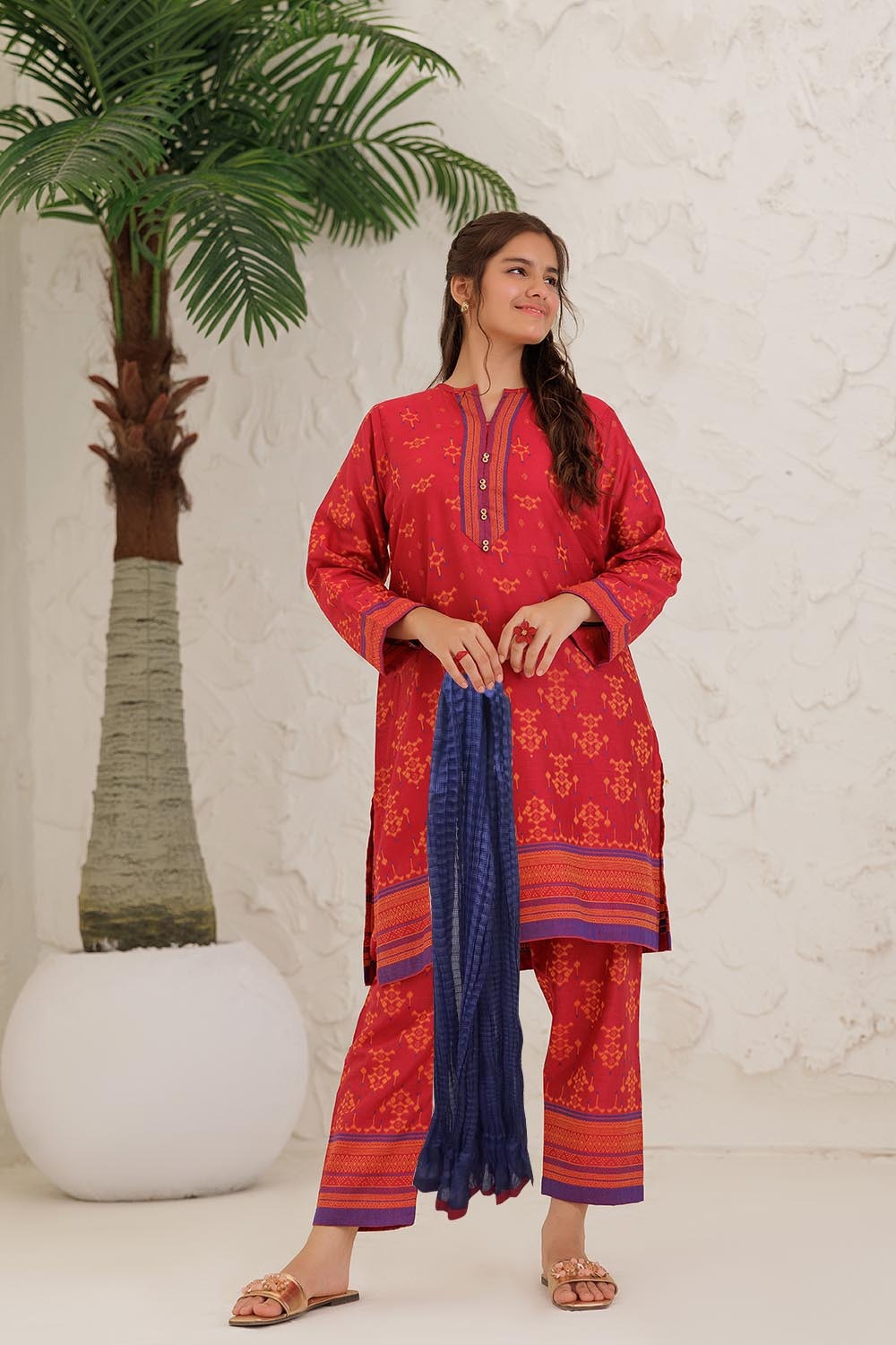 Senorita Girls Ready to Wear Girls Red and Multicolor Casual 3 Piece Suit Cotton Jacquard Solids GAD-03061 - Summer Collection