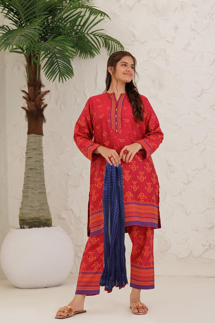 Senorita Girls Ready to Wear Girls Red and Multicolor Casual 3 Piece Suit Cotton Jacquard Solids GAD-03061 - Summer Collection