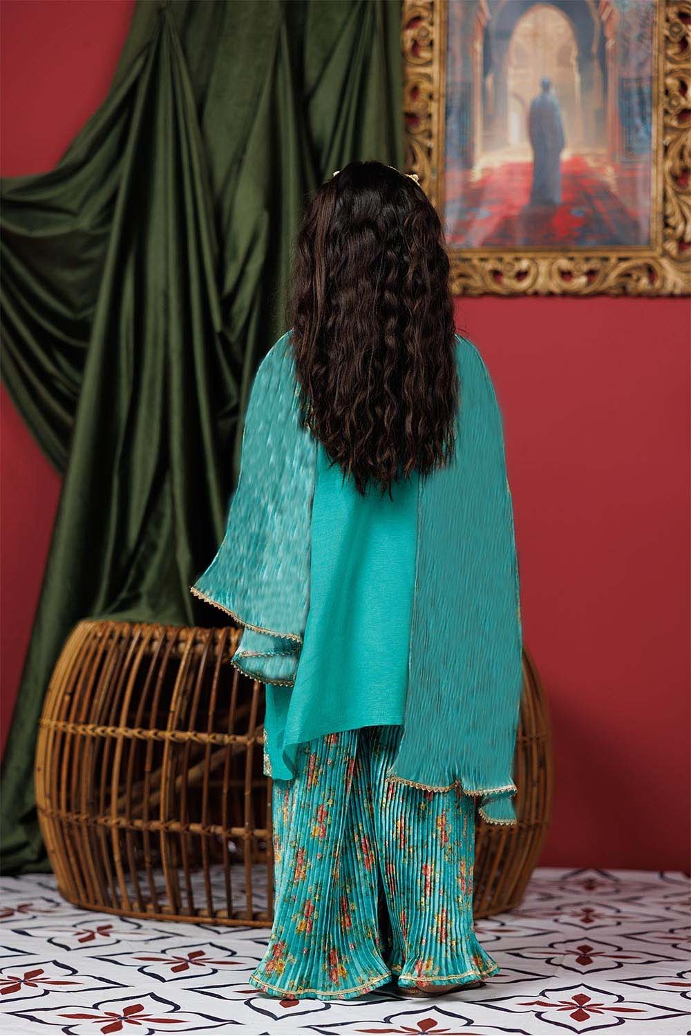 Senorita Kids RTW Turquoise Green and Multicolor Formal 3 Piece Suit Viscose Raw Silk KDD-03020 - Winter Collection