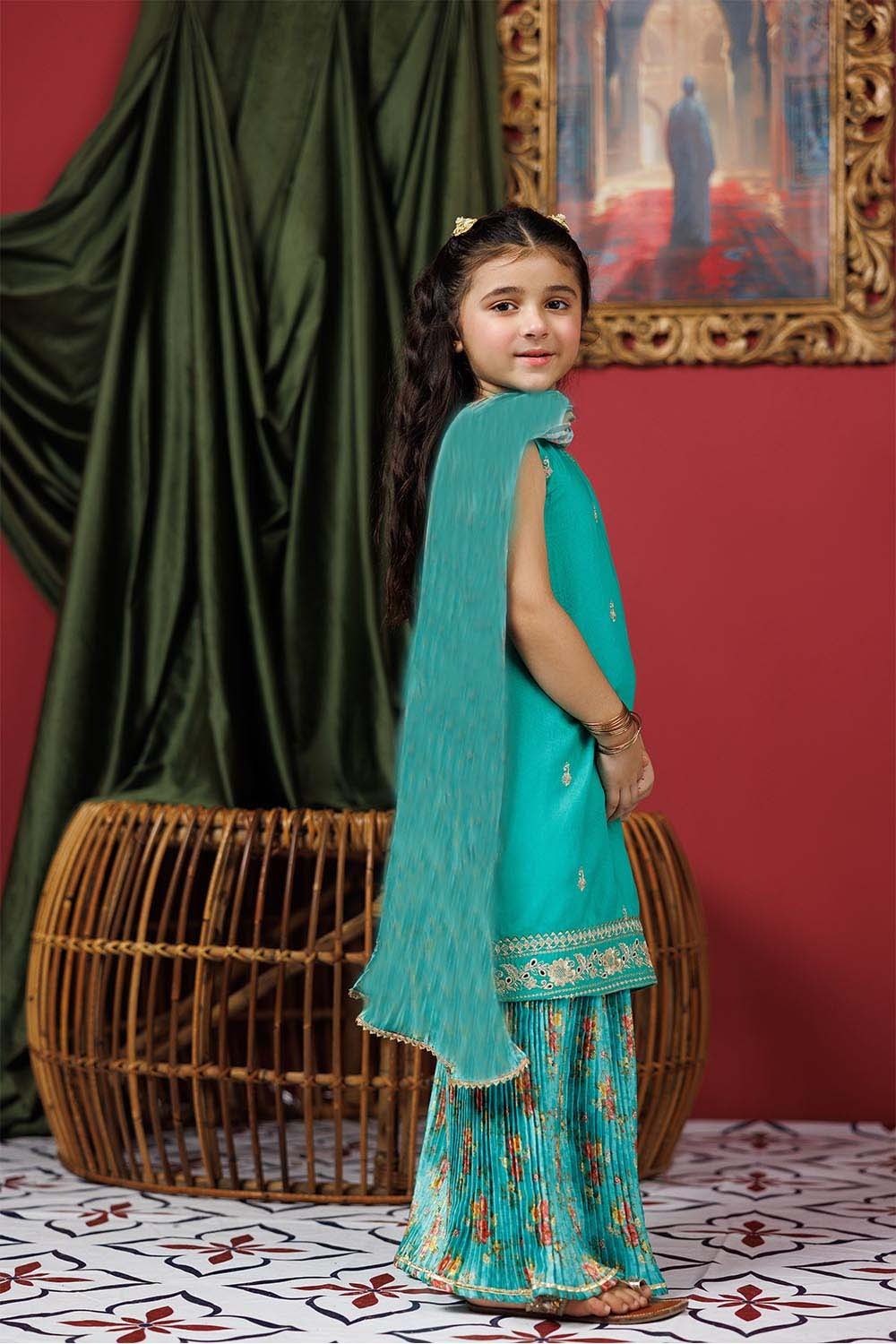 Senorita Kids RTW Turquoise Green and Multicolor Formal 3 Piece Suit Viscose Raw Silk KDD-03020 - Winter Collection