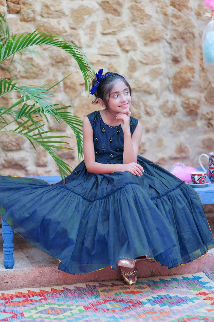 Senorita Kids RTW Navy Blue and Gold Formal 3 Piece Suit Viscose Chambray Katan KDD-03097 - Summer Collection
