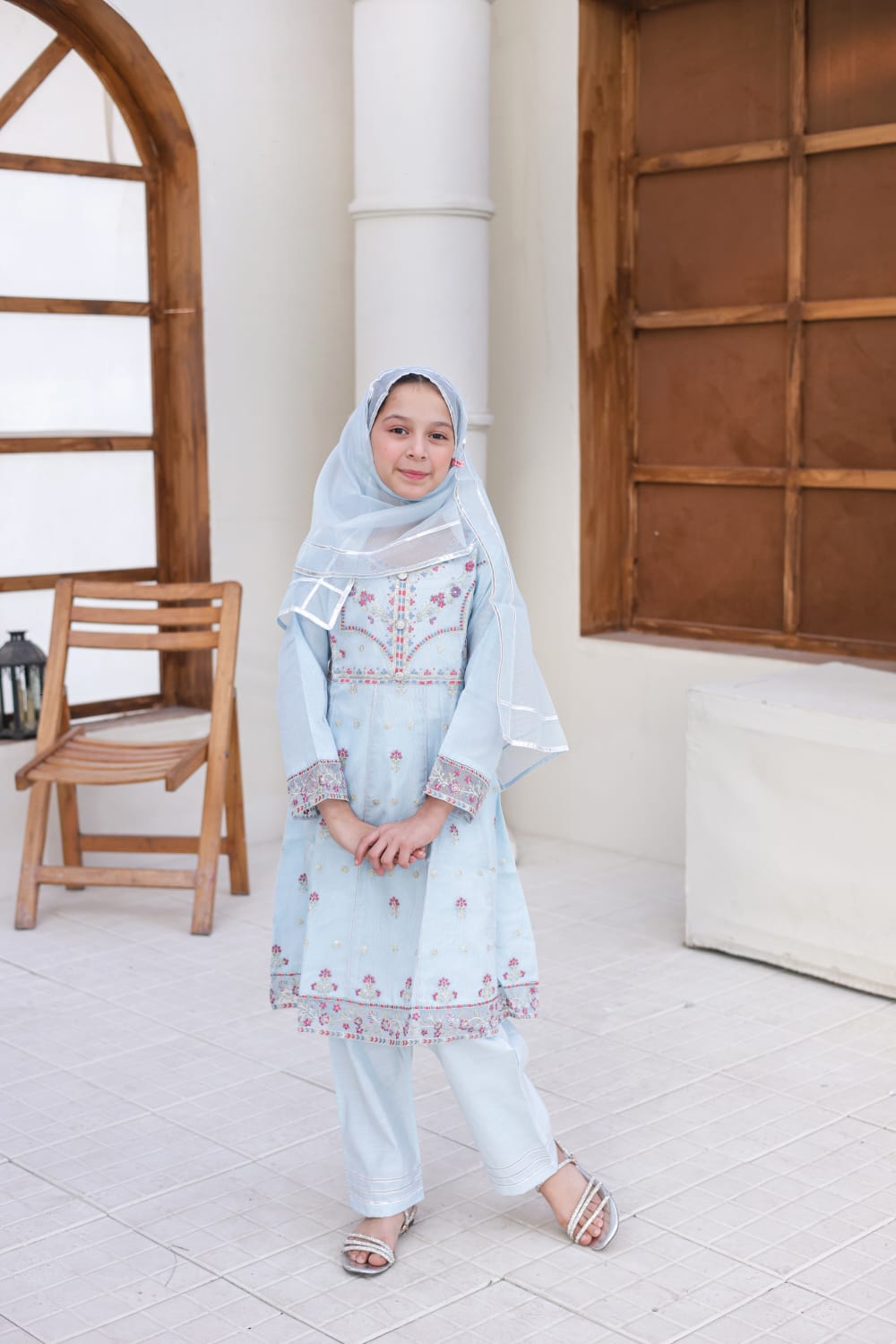 Saheli by Suntex Fabrics Girls RTW Embroidered Organza 3 Piece Suit Frock Light Grey Festive Collection