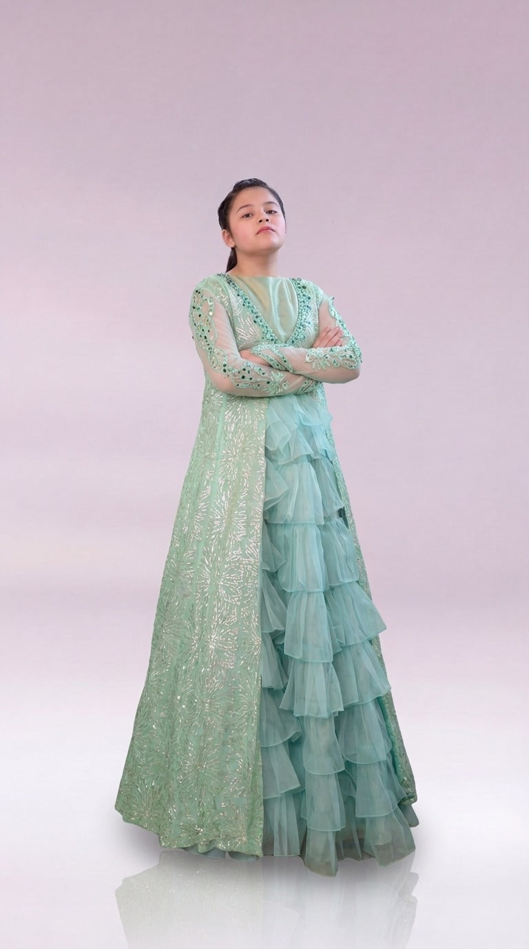 Andaz e Jahan by Qurratulain Saqib Pret kids Organza Chiffon 3 Piece Embroidered Emrel Green Gown Lehnga Eastern Western Cut - Wedding Collection