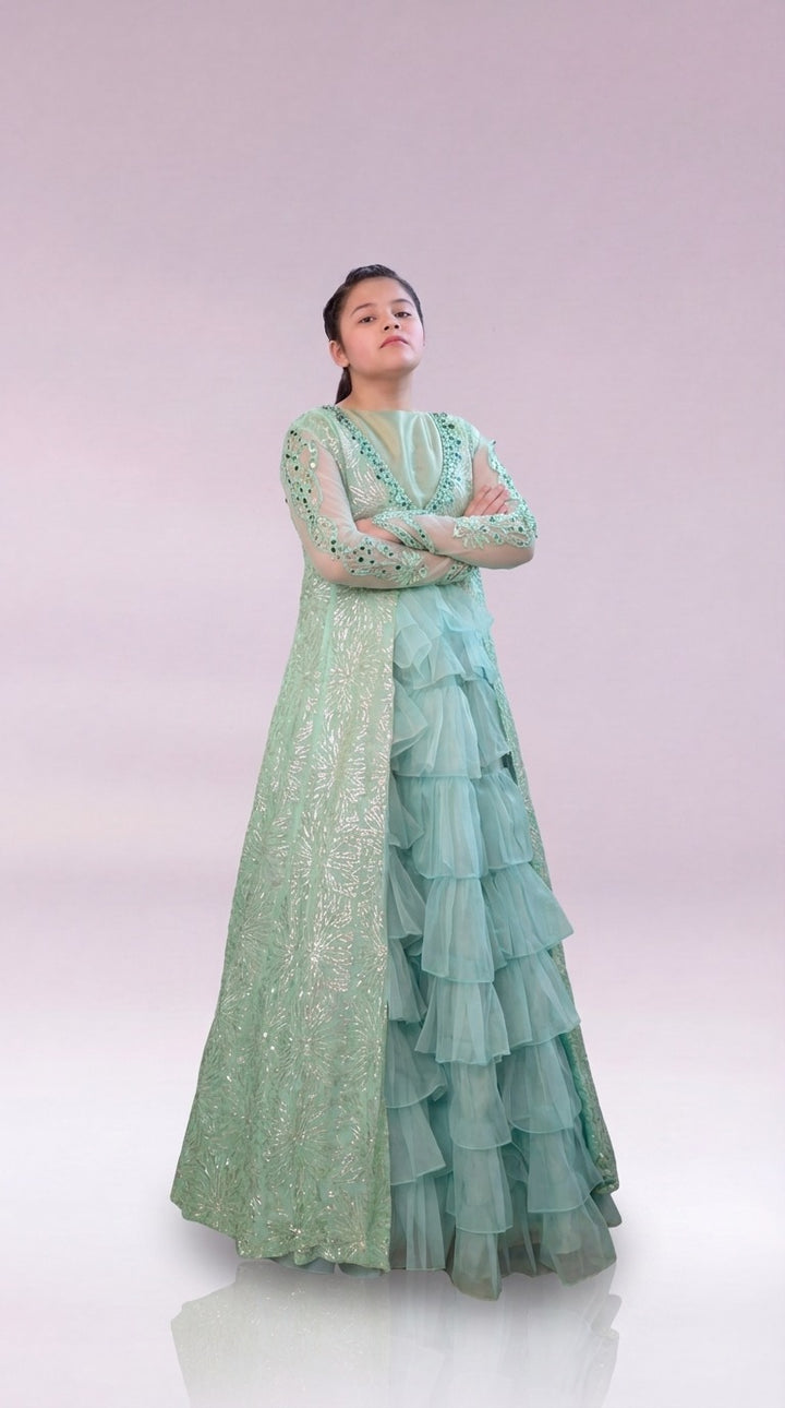 Andaz e Jahan by Qurratulain Saqib Pret kids Organza Chiffon 3 Piece Embroidered Emrel Green Gown Lehnga Eastern Western Cut - Wedding Collection
