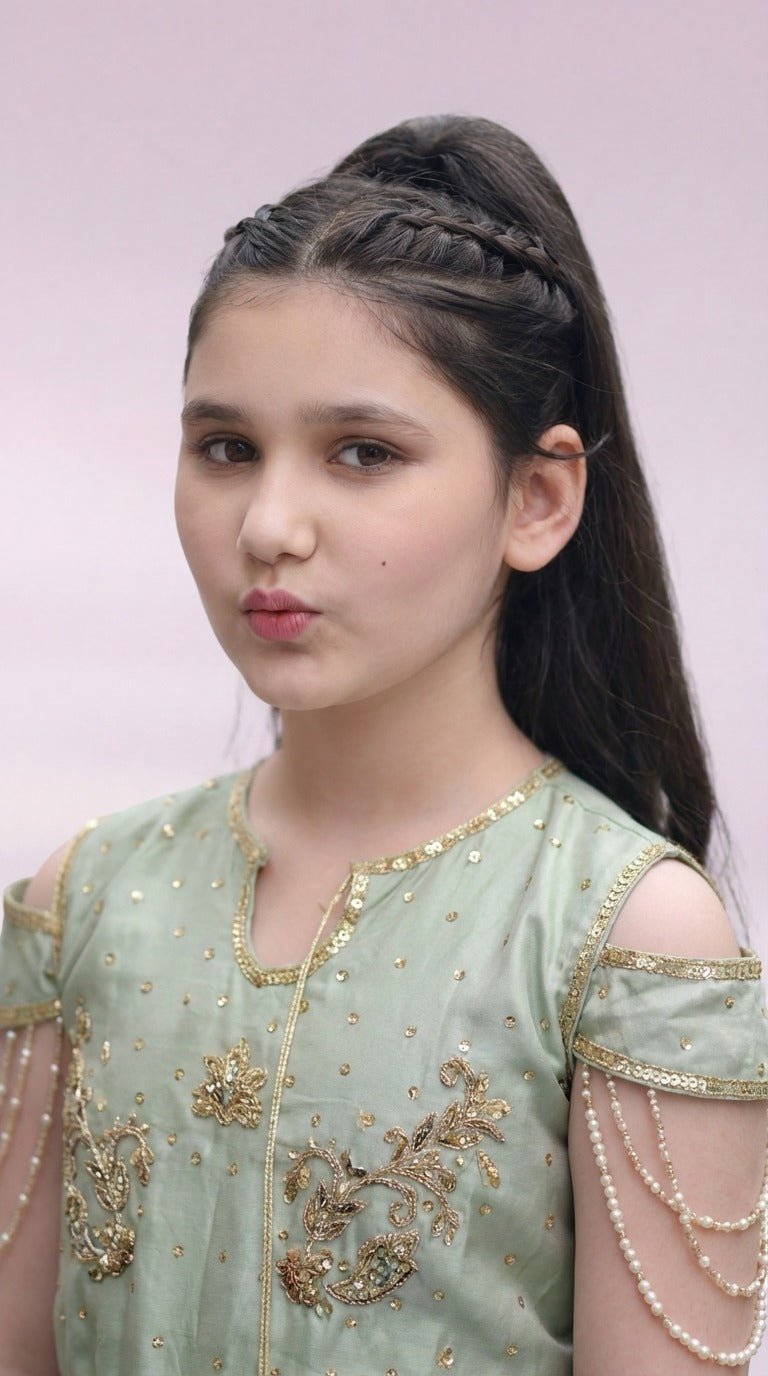 Andaz e Jahan by Qurratulain Saqib Pret kids Kattan 1 Piece Chikankari Pista Blossom Elegance - Wedding Collection