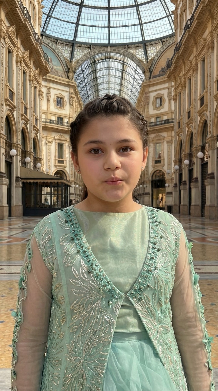 Andaz e Jahan by Qurratulain Saqib Pret kids Organza Chiffon 3 Piece Embroidered Emrel Green Gown Lehnga Eastern Western Cut - Wedding Collection