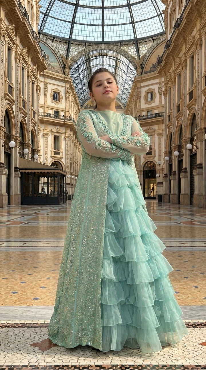 Andaz e Jahan by Qurratulain Saqib Pret kids Organza Chiffon 3 Piece Embroidered Emrel Green Gown Lehnga Eastern Western Cut - Wedding Collection