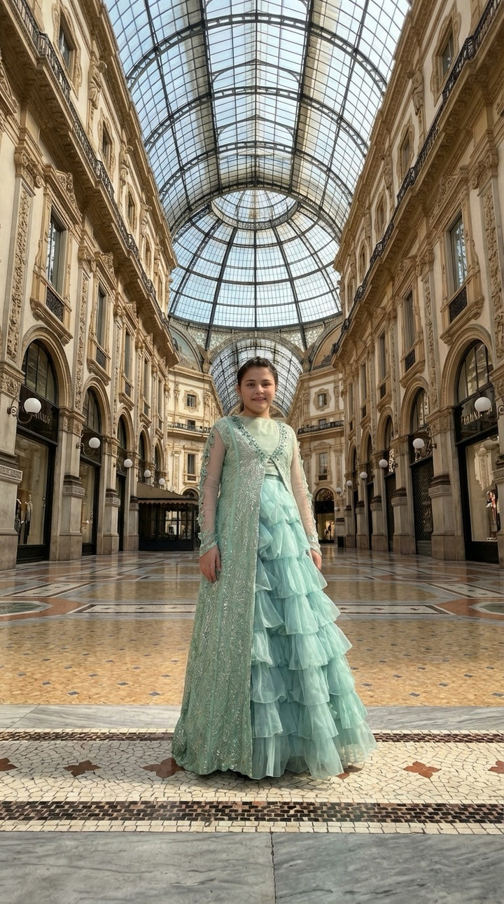 Andaz e Jahan by Qurratulain Saqib Pret kids Organza Chiffon 3 Piece Embroidered Emrel Green Gown Lehnga Eastern Western Cut - Wedding Collection