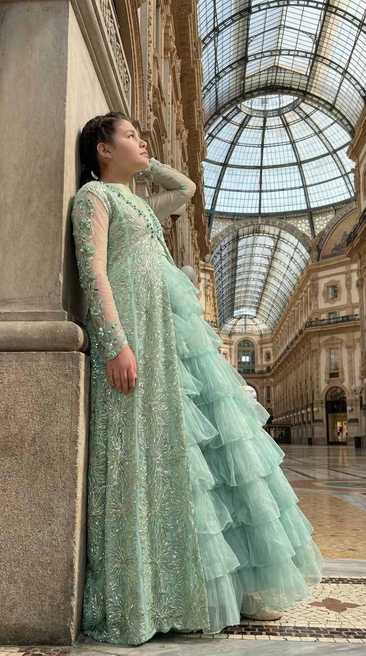 Andaz e Jahan by Qurratulain Saqib Pret kids Organza Chiffon 3 Piece Embroidered Emrel Green Gown Lehnga Eastern Western Cut - Wedding Collection