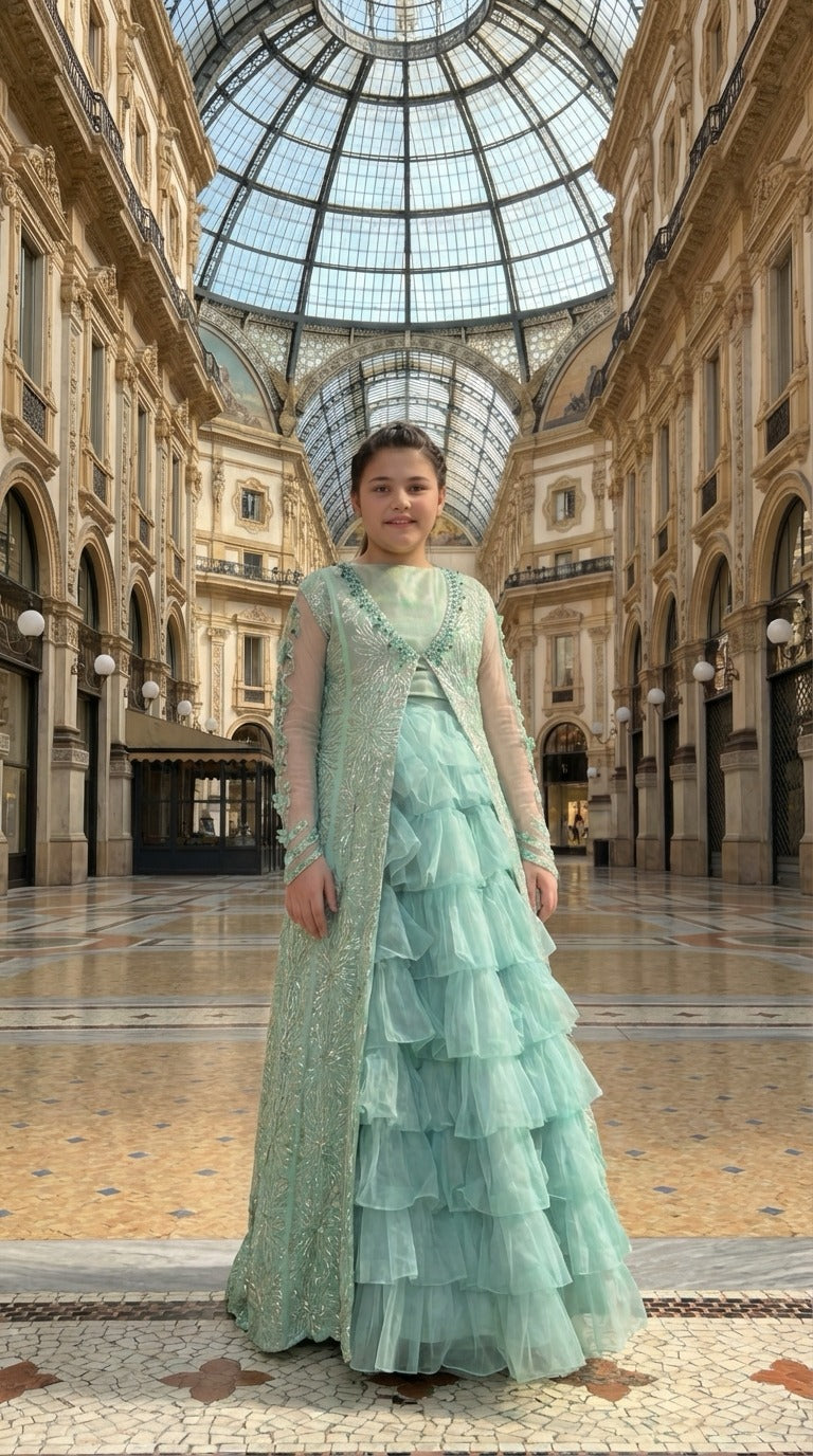 Andaz e Jahan by Qurratulain Saqib Pret kids Organza Chiffon 3 Piece Embroidered Emrel Green Gown Lehnga Eastern Western Cut - Wedding Collection