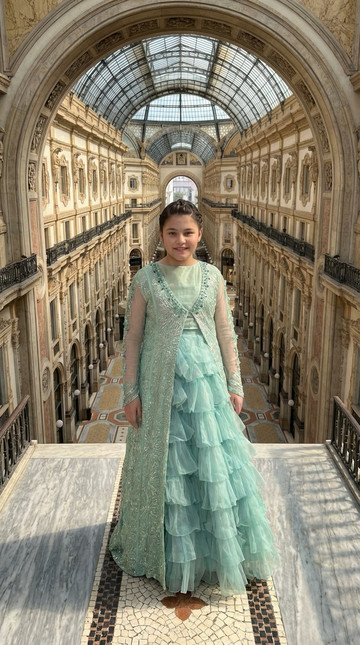 Andaz e Jahan by Qurratulain Saqib Pret kids Organza Chiffon 3 Piece Embroidered Emrel Green Gown Lehnga Eastern Western Cut - Wedding Collection