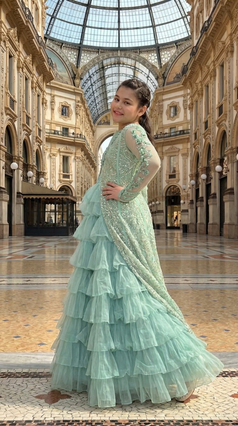 Andaz e Jahan by Qurratulain Saqib Pret kids Organza Chiffon 3 Piece Embroidered Emrel Green Gown Lehnga Eastern Western Cut - Wedding Collection