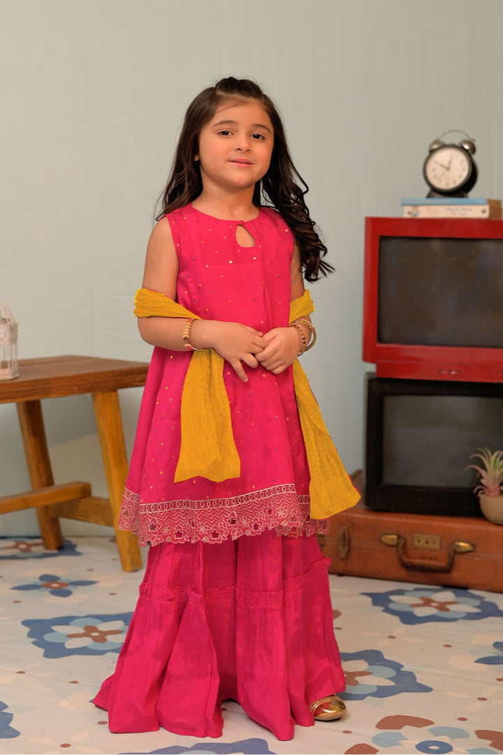 Senorita Kids RTW Shocking Pink and Gold Formal 3 Piece Suit Viscose Raw Silk KDD-02947 - Summer Collection