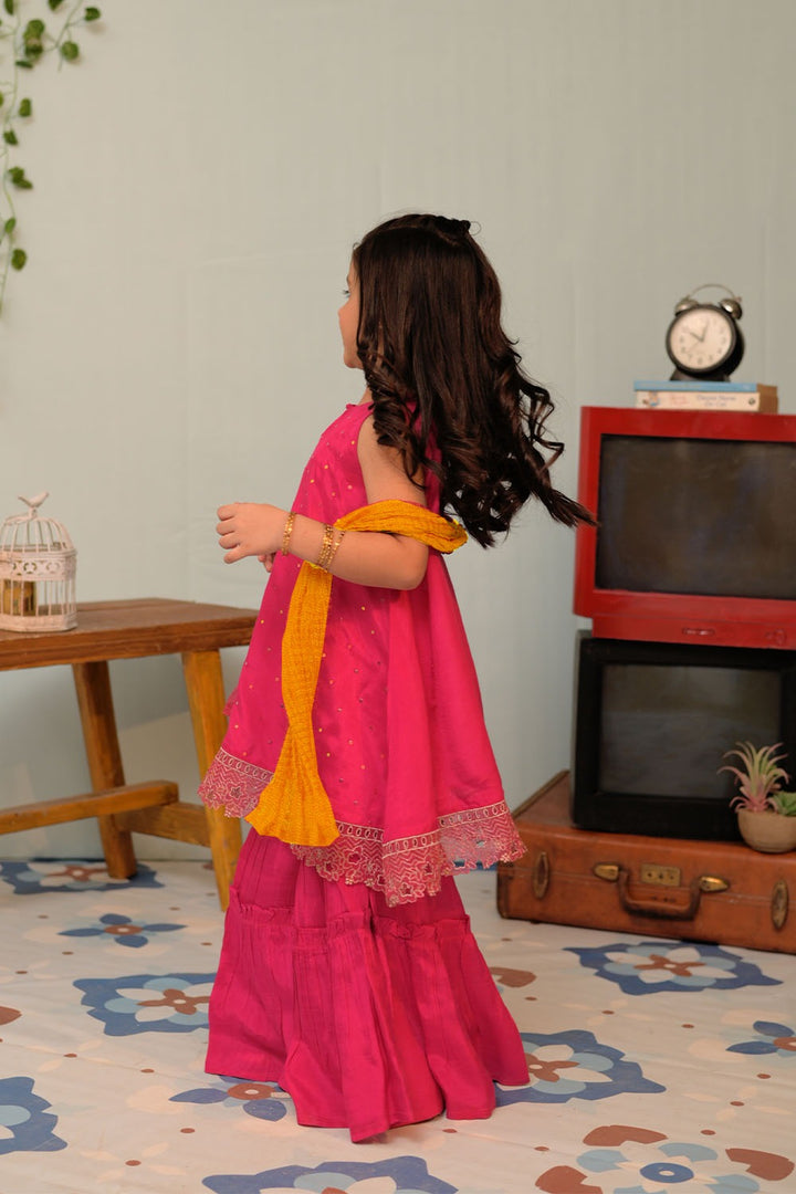 Senorita Kids RTW Shocking Pink and Gold Formal 3 Piece Suit Viscose Raw Silk KDD-02947 - Summer Collection