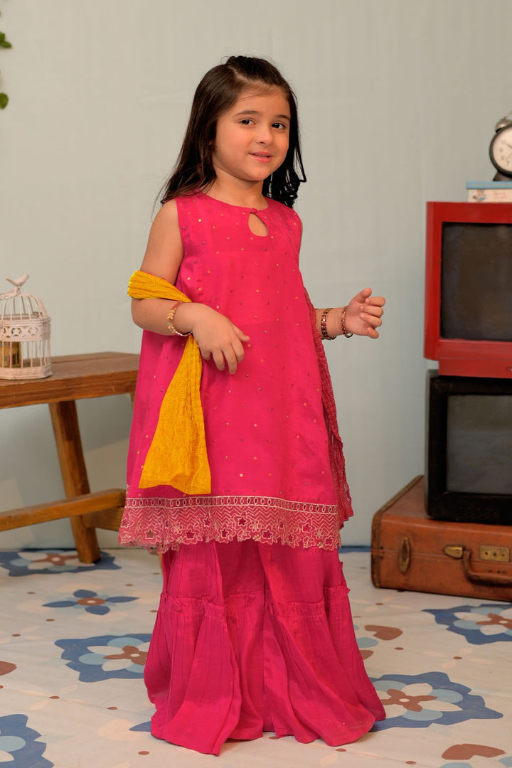 Senorita Kids RTW Shocking Pink and Gold Formal 3 Piece Suit Viscose Raw Silk KDD-02947 - Summer Collection