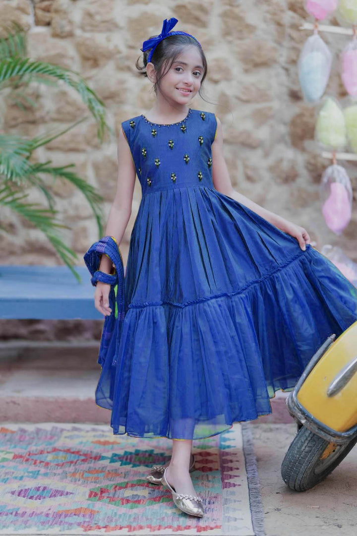 Senorita Kids RTW Navy Blue and Gold Formal 3 Piece Suit Viscose Chambray Katan KDD-03097 - Summer Collection
