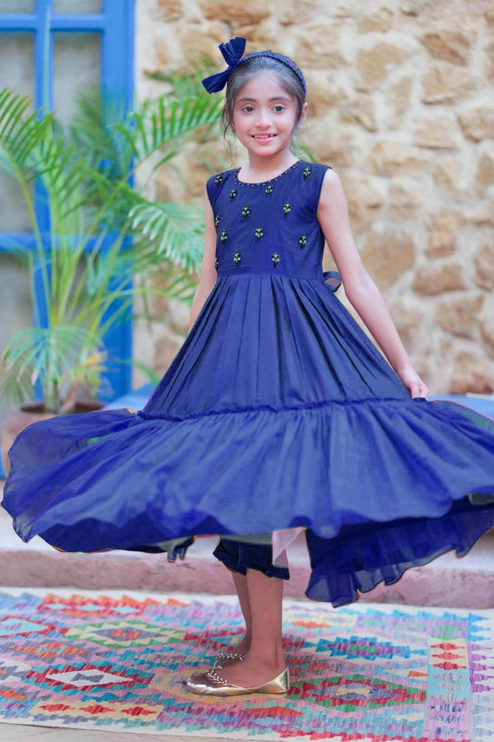 Senorita Kids RTW Navy Blue and Gold Formal 3 Piece Suit Viscose Chambray Katan KDD-03097 - Summer Collection
