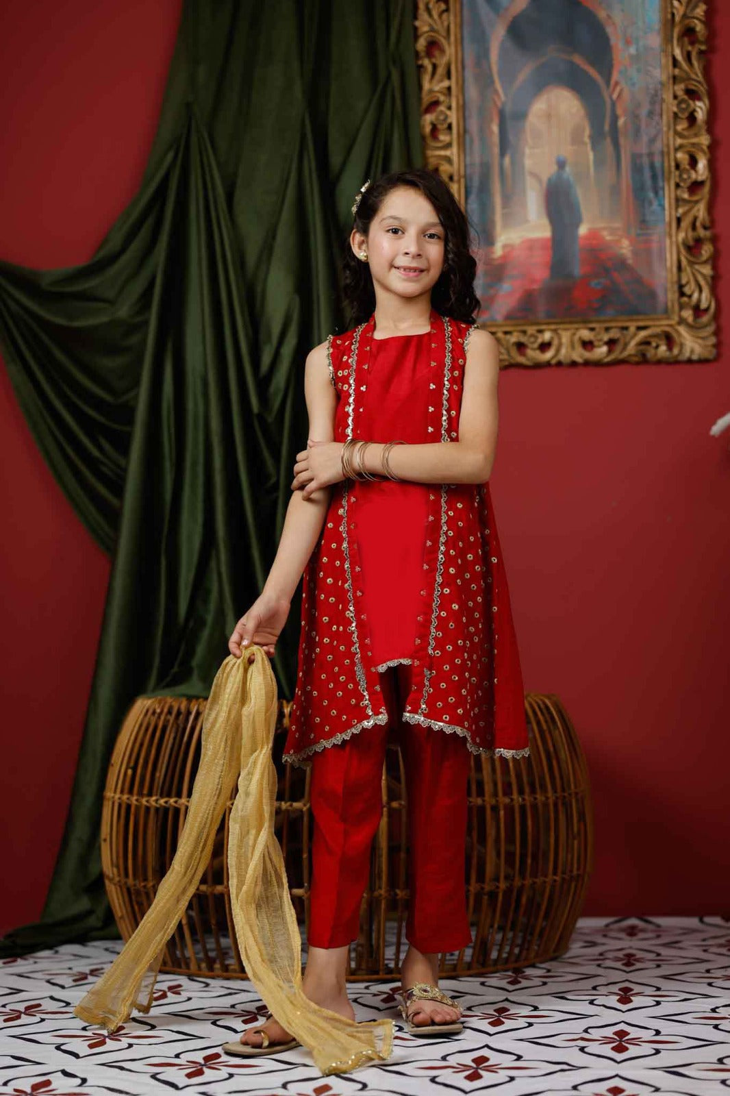 Senorita Kids RTW Red and Gold Formal 3 Piece Suit Viscose Raw Silk KDD-03017 - Summer Collection