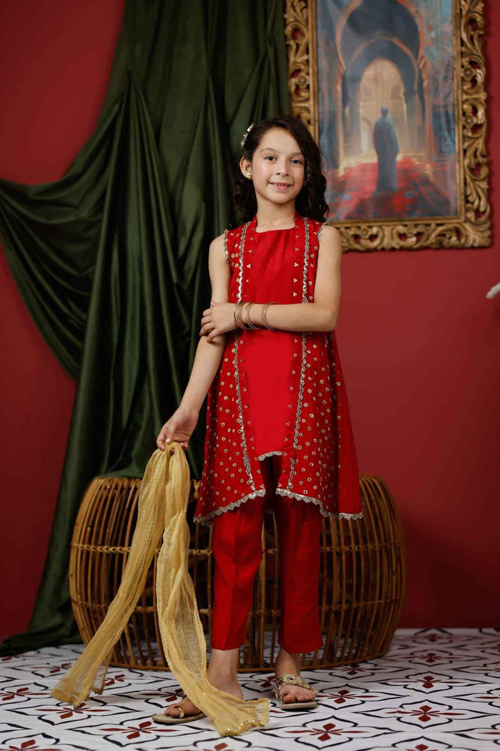 Senorita Kids RTW Red and Gold Formal 3 Piece Suit Viscose Raw Silk KDD-03017 - Summer Collection