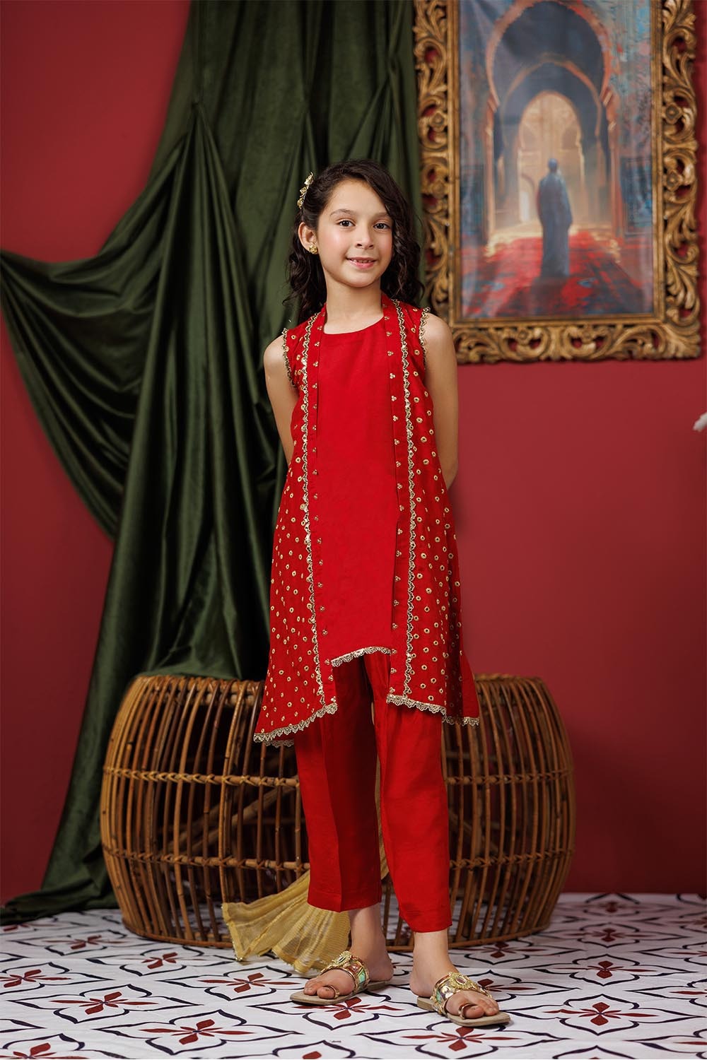 Senorita Kids RTW Red and Gold Formal 3 Piece Suit Viscose Raw Silk KDD-03017 - Summer Collection