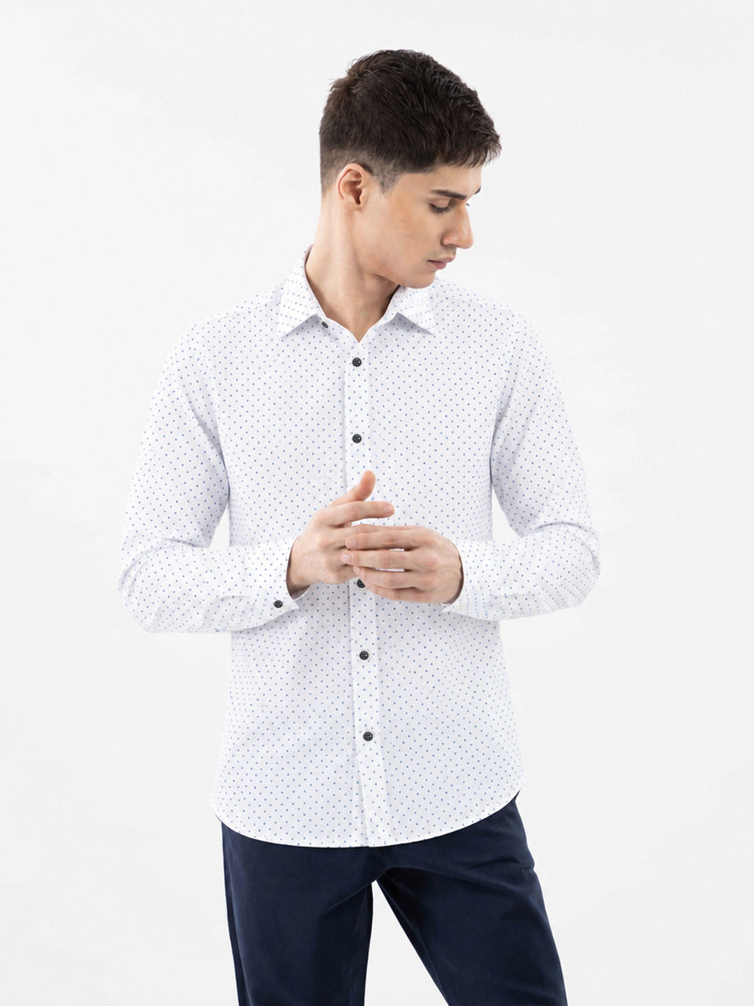 Brumano Mens RTW Solids Cotton Shirt White Polka Dot Casual Collection