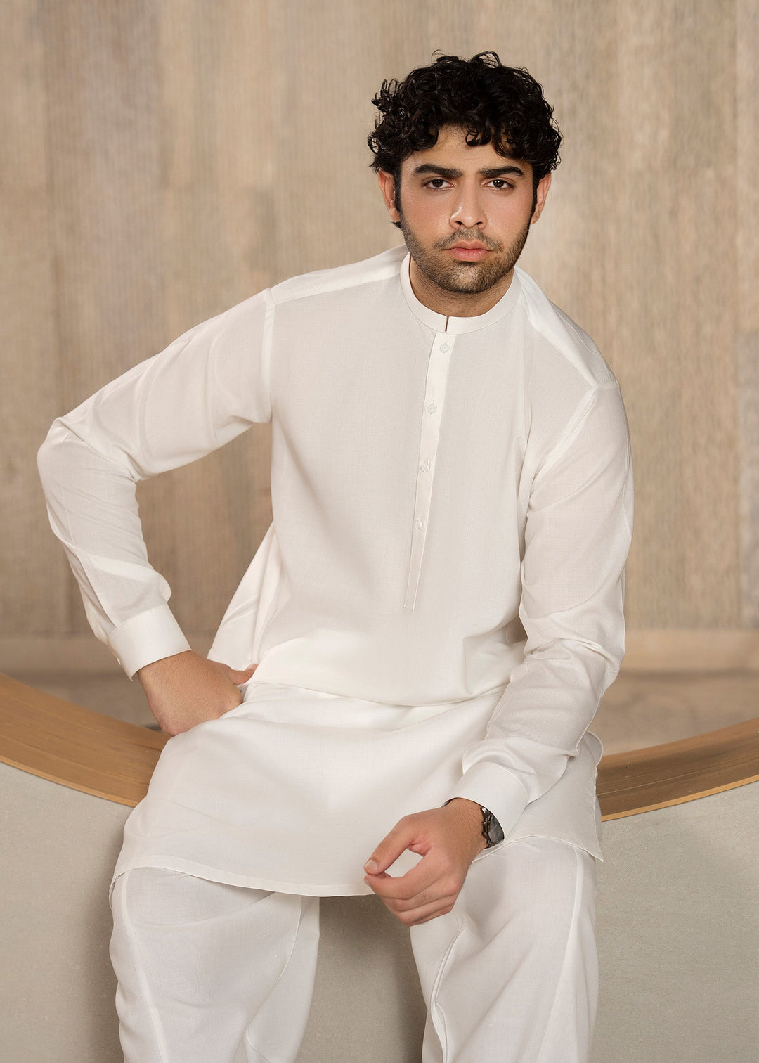 Buraq Men RTW Solids Wash N Wear Kurta Shalwar Suit White Ban Casual Collection