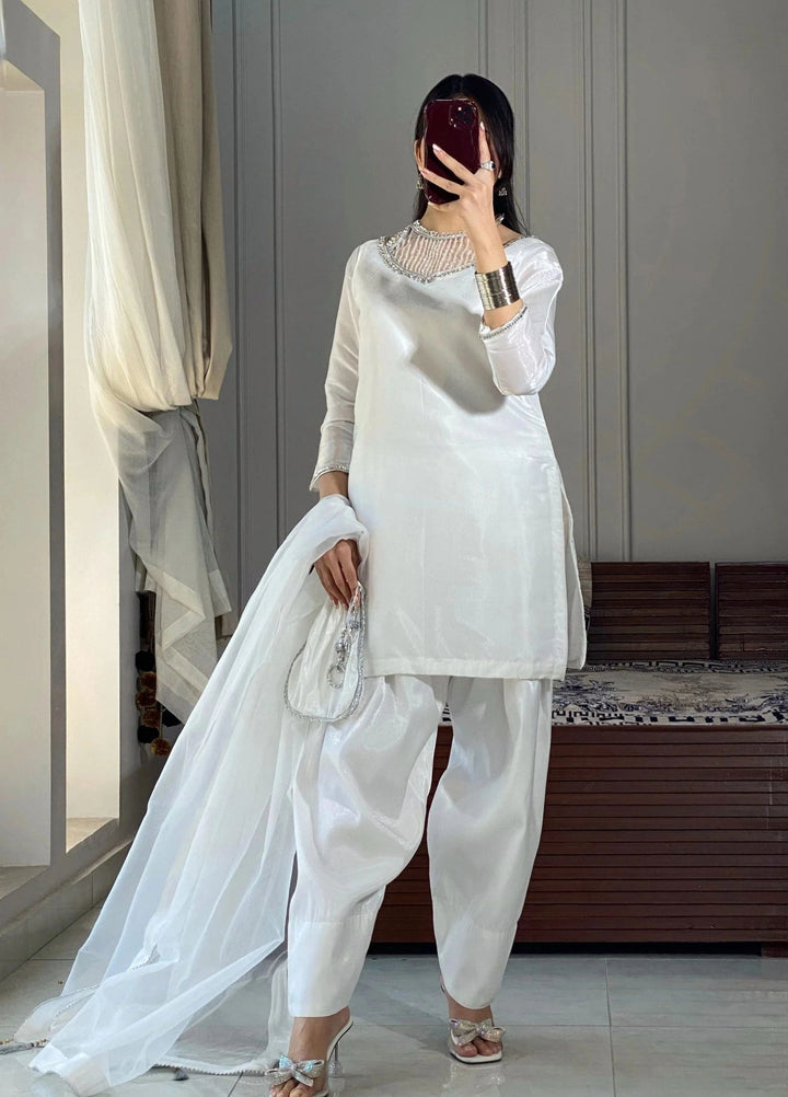 Mataish Women RTW Embroidered Raw Silk 3 Piece Suit White Farshi Shalwar - Festive Collection