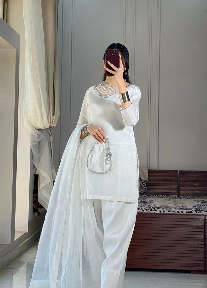 Mataish Women RTW Embroidered Raw Silk 3 Piece Suit White Farshi Shalwar - Festive Collection