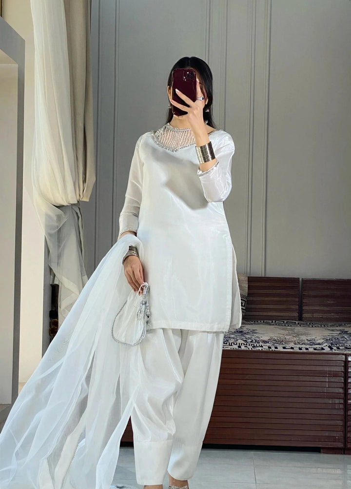 Mataish Women RTW Embroidered Raw Silk 3 Piece Suit White Farshi Shalwar - Festive Collection