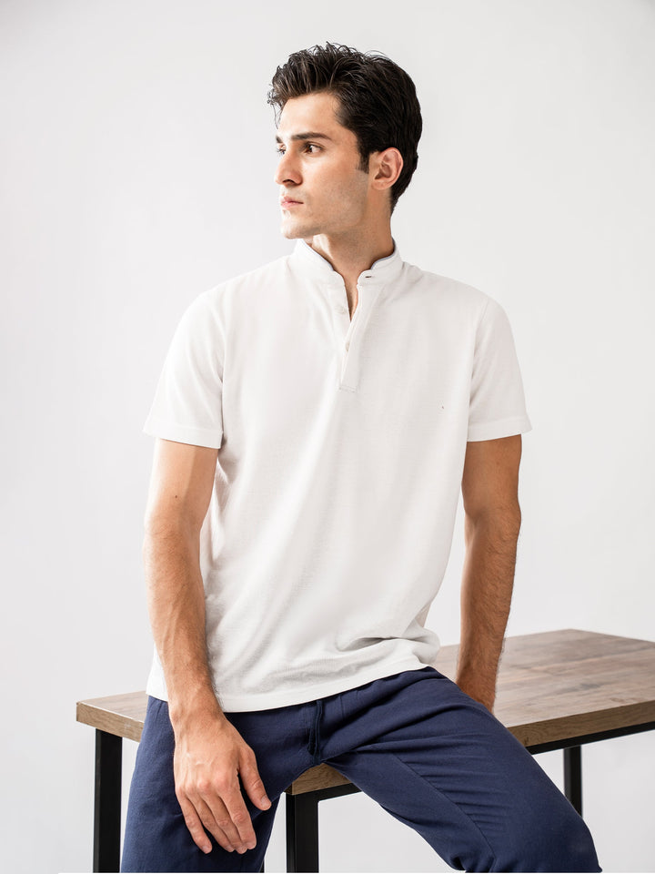 Brumano  Solids Cotton Polo White Mao Collar Pique Polo