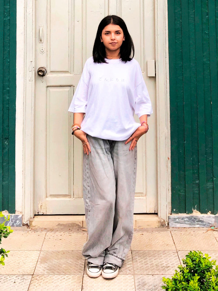 Brumano Cotton Printed Women - White Oversized T-Shirt With Minimalist 'Hello' Embroidery - Women