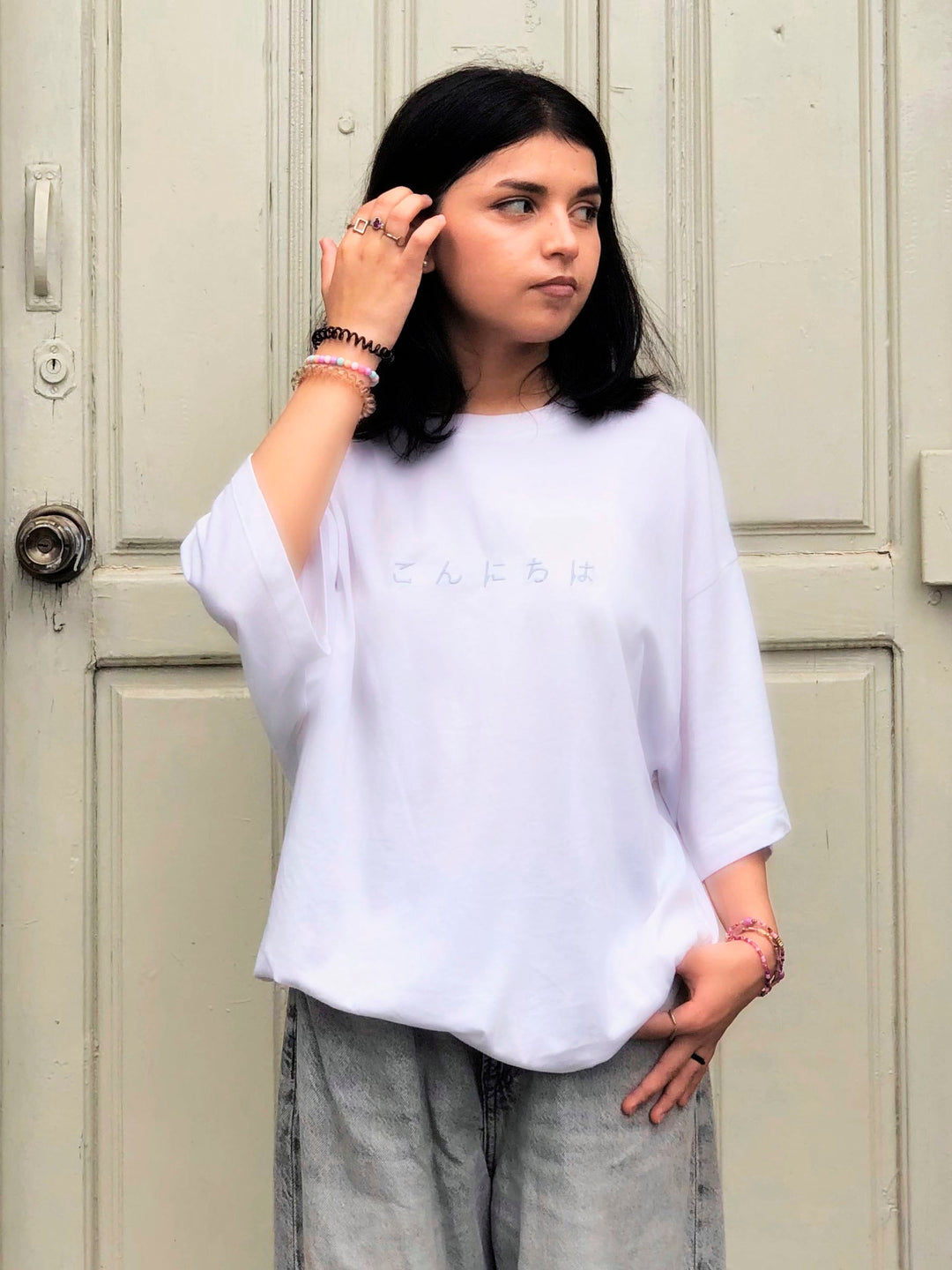 Brumano Cotton Printed Women - White Oversized T-Shirt With Minimalist 'Hello' Embroidery - Women