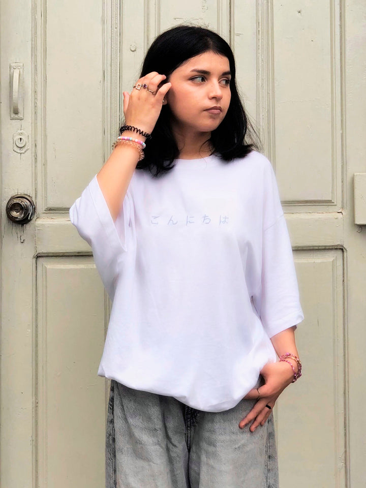 Brumano Cotton Printed Women - White Oversized T-Shirt With Minimalist 'Hello' Embroidery - Women