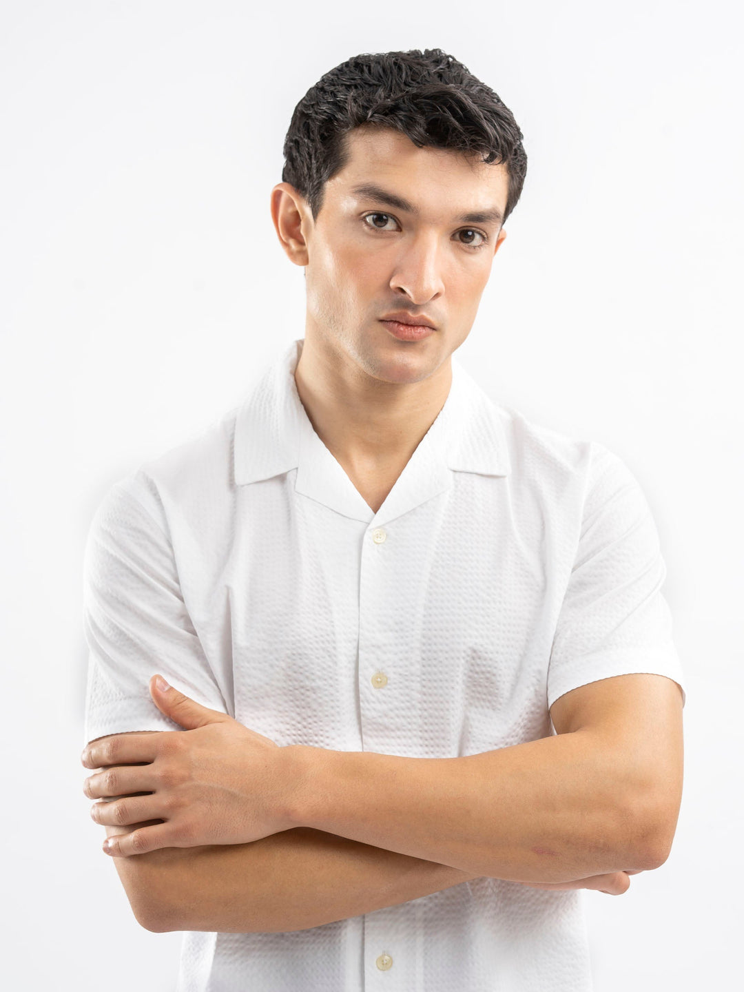 Brumano Ready To Wear Shirts Men 1 Piece Cotton White Seersucker Light Weight Cuban Collar Shirt 0-33-025-4391 - Summer Collection