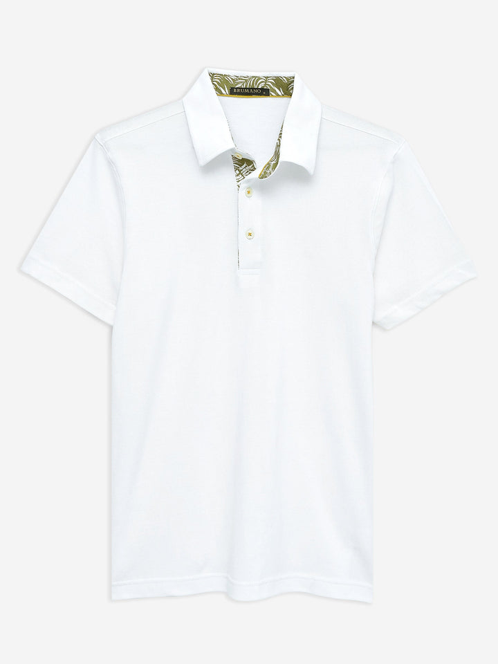 Brumano  Solids Cotton Polo White Self Collar Polo With Contrasting Detailing