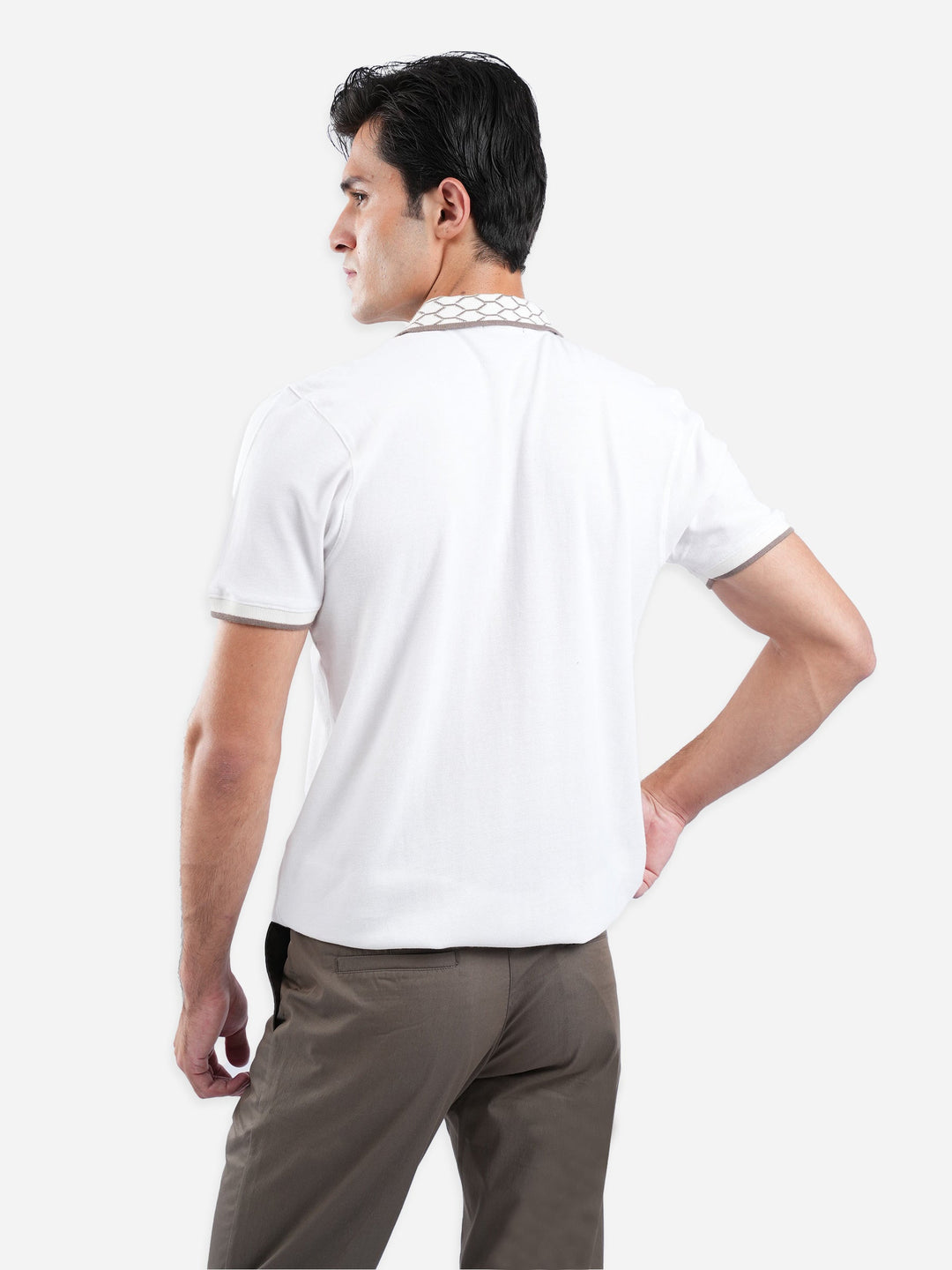 Brumano  Solids Cotton Polo White Zipper Polo With Jacquard Collar