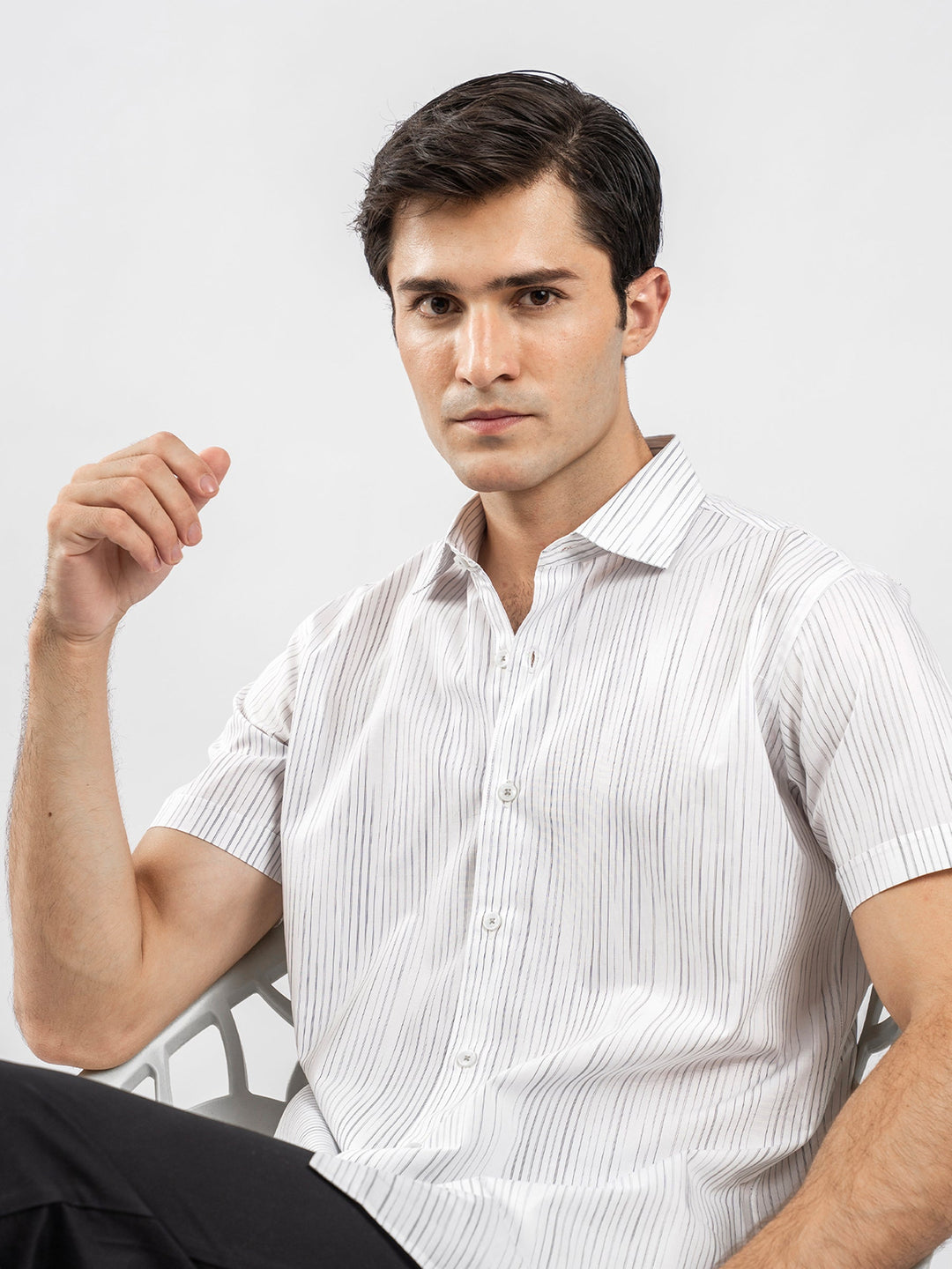 Brumano Ready To Wear Shirts Men 1 Piece Cotton White & Black Striped Half Sleeve Formal Shirt 0-33-025-3365 - Summer Collection