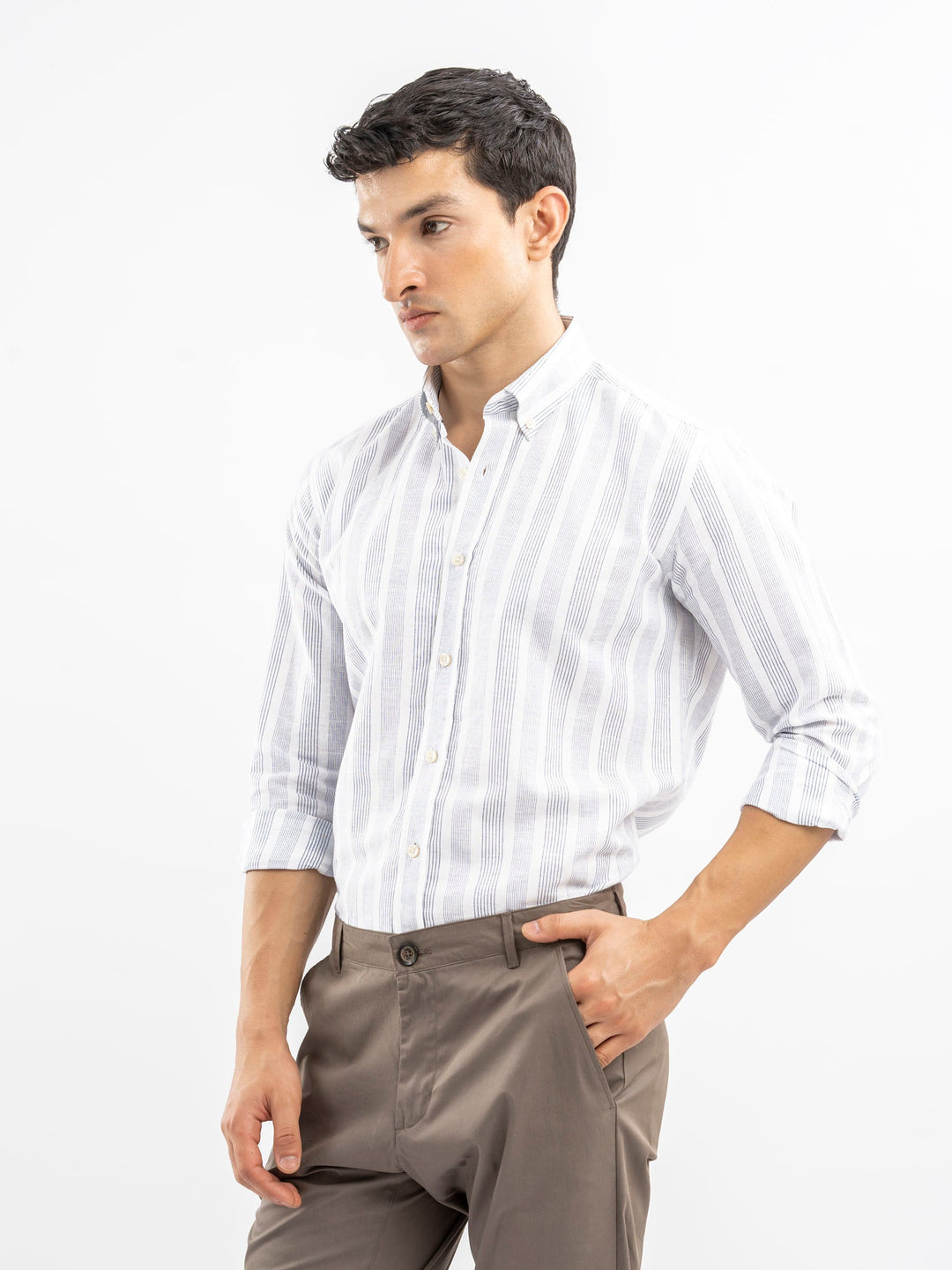 Brumano Ready To Wear Shirts Men 1 Piece Cotton White & Blue Linen Striped Button Down Shirt 0-31-025-4466 - Summer Collection