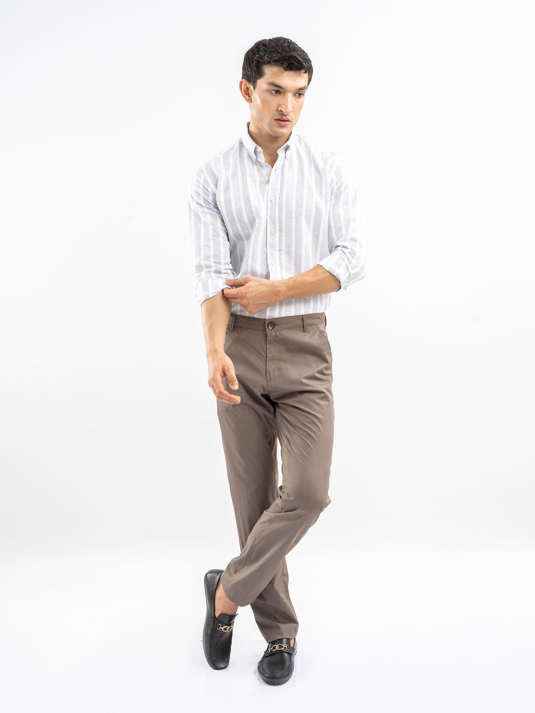 Brumano Ready To Wear Shirts Men 1 Piece Cotton White & Blue Linen Striped Button Down Shirt 0-31-025-4466 - Summer Collection