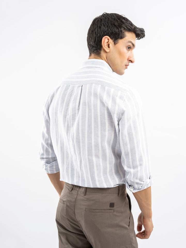 Brumano Ready To Wear Shirts Men 1 Piece Cotton White & Blue Linen Striped Button Down Shirt 0-31-025-4466 - Summer Collection