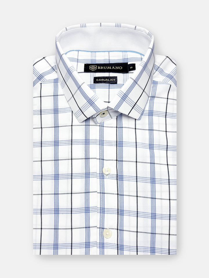 Brumano Ready To Wear Shirts Men 1 Piece Cotton White & Blue Windowpane Formal Checkered Shirt 0-31-025-4484 - Summer Collection