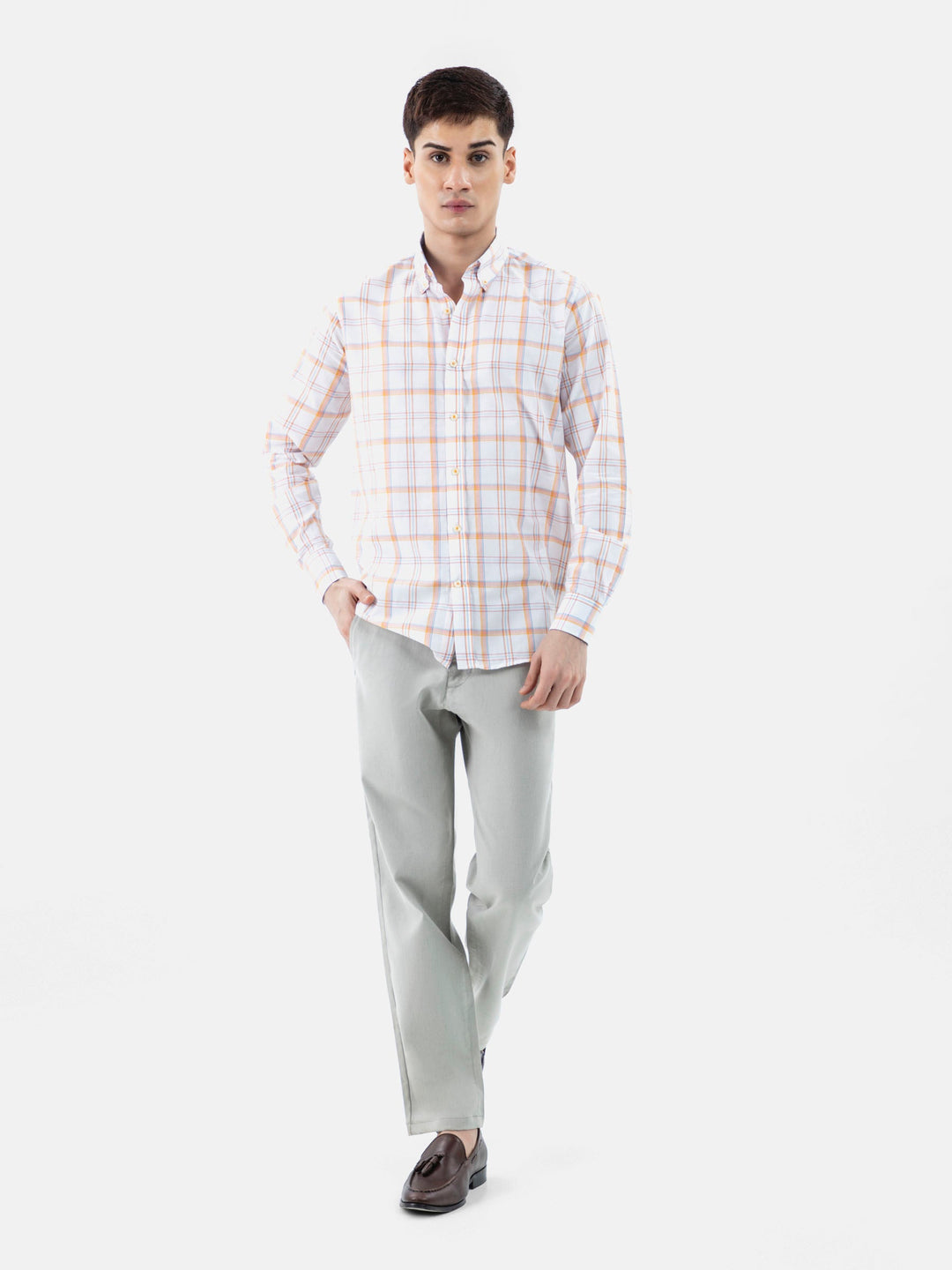 Brumano Ready To Wear Shirts Men 1 Piece Cotton White & Orange Checkered Button Down Shirt 0-31-024-3505 - Summer Collection