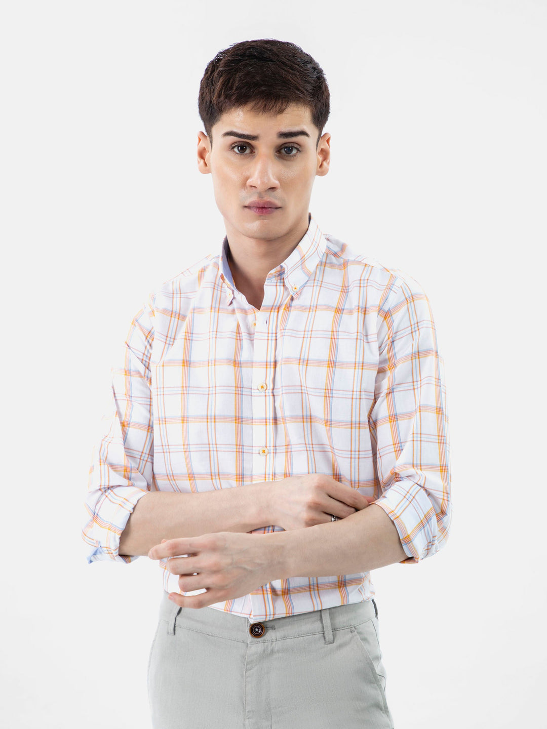 Brumano Ready To Wear Shirts Men 1 Piece Cotton White & Orange Checkered Button Down Shirt 0-31-024-3505 - Summer Collection